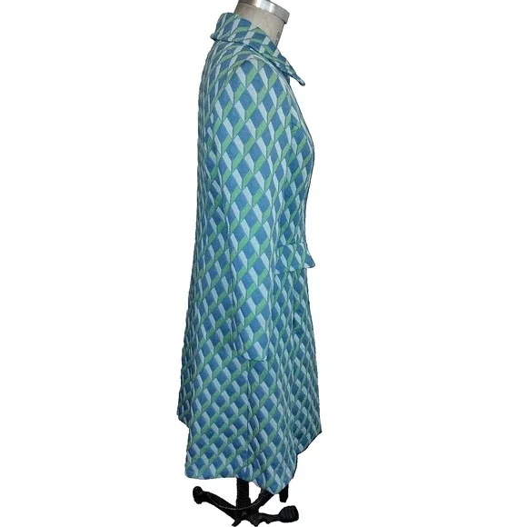 Blue Green & White Woman's Coat Vintage 1960s Textured Knit Large